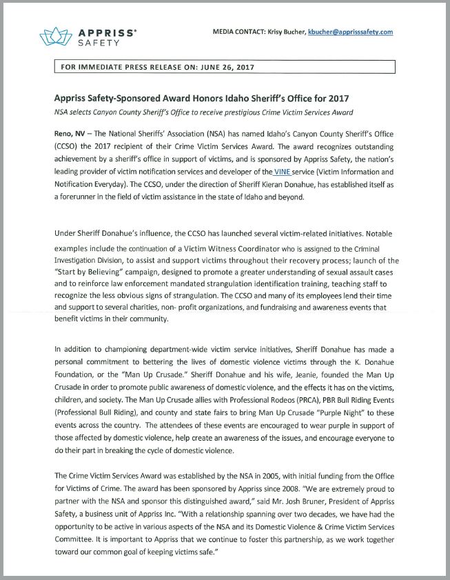 Page 1 of Appriss Safety press release on 2017 Crime Victim Services Award