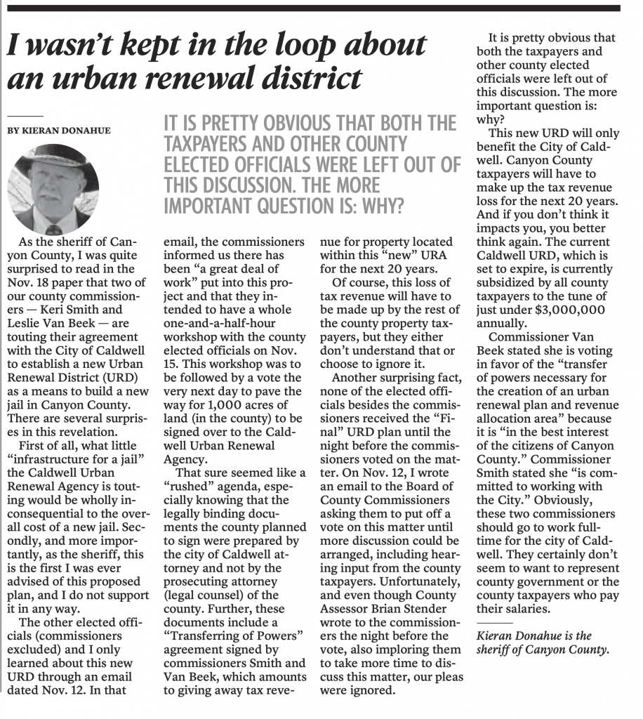Sheriff Donahue's guest opinion in the Idaho Statesman on Friday, November 26.