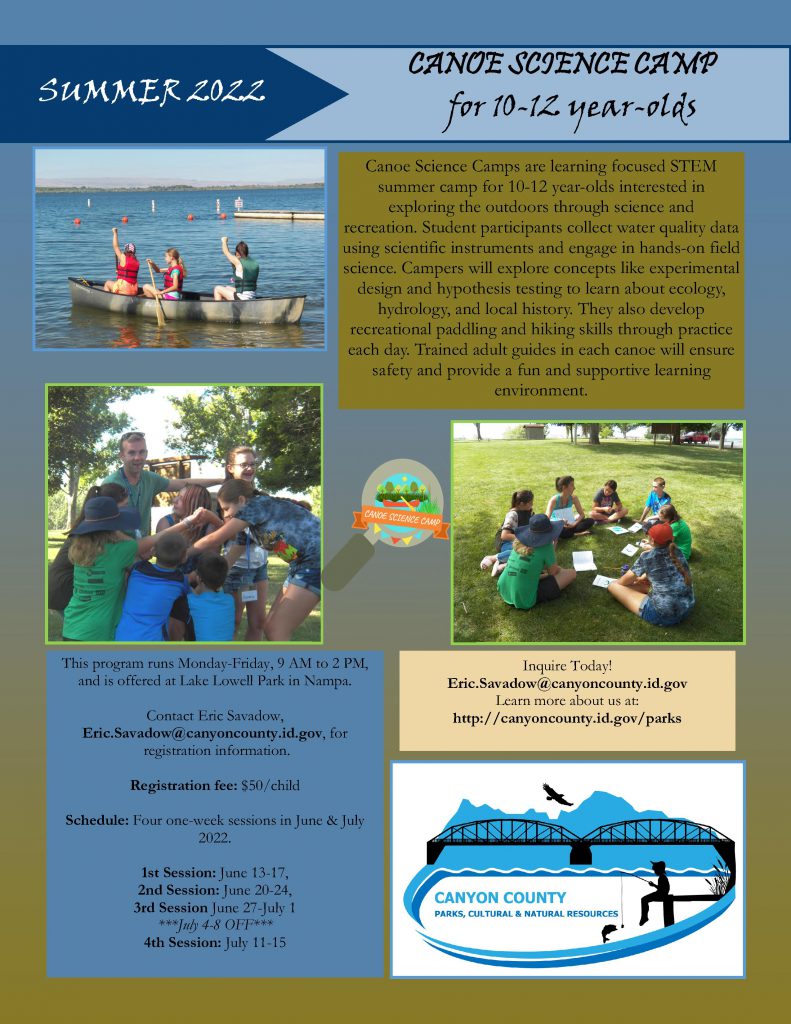 Flyer for 2022 Canoe Science Camps. Email eric.savadow@canyoncounty.id.gov for more information. 