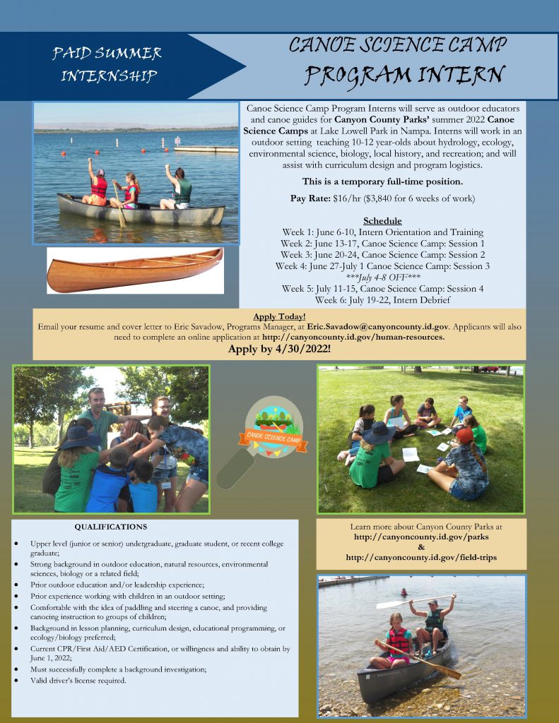 Canoe Science Camp Program Intern flyer