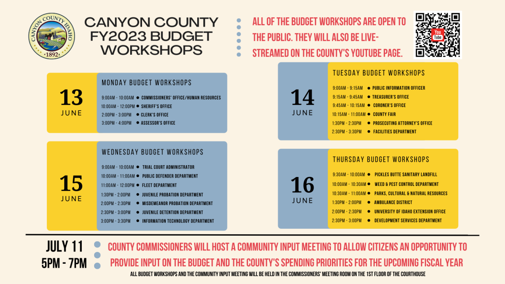 FY2023 Budget Workshop Schedule for 2C offices and departments