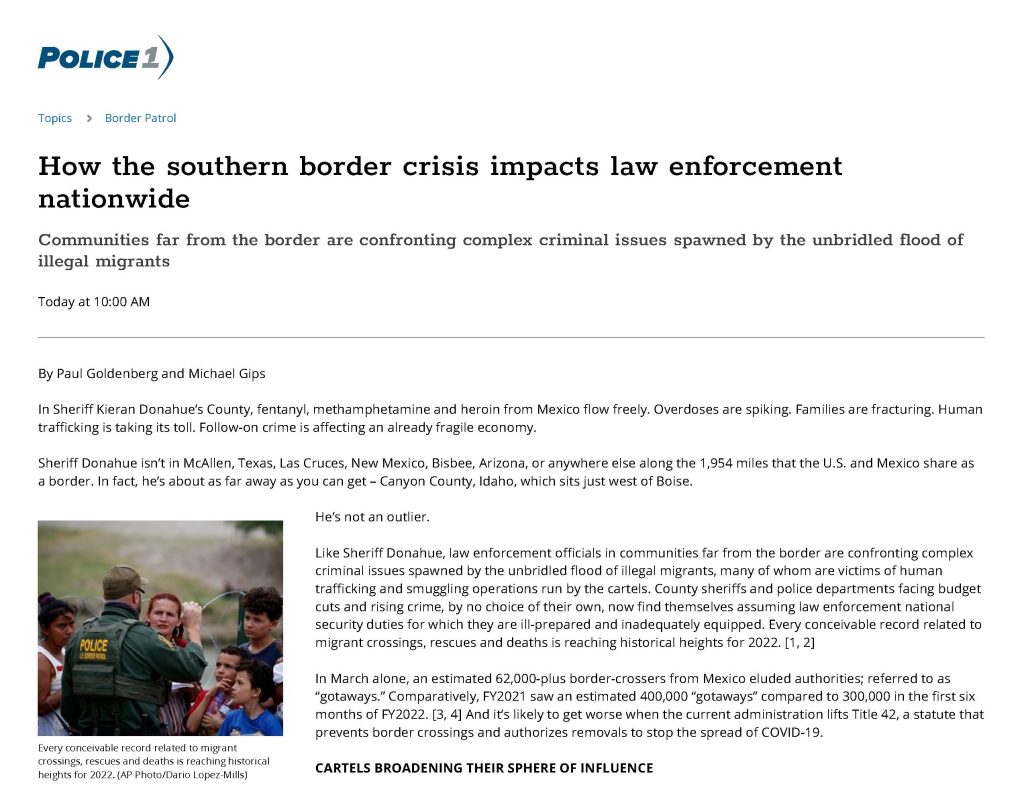 Top section of the Police1 article on the southern border crisis. To read the whole article, please visit: https://www.police1.com/border-patrol/articles/how-the-southern-border-crisis-impacts-law-enforcement-nationwide-Owd7fqJ3YQO8lxH5/