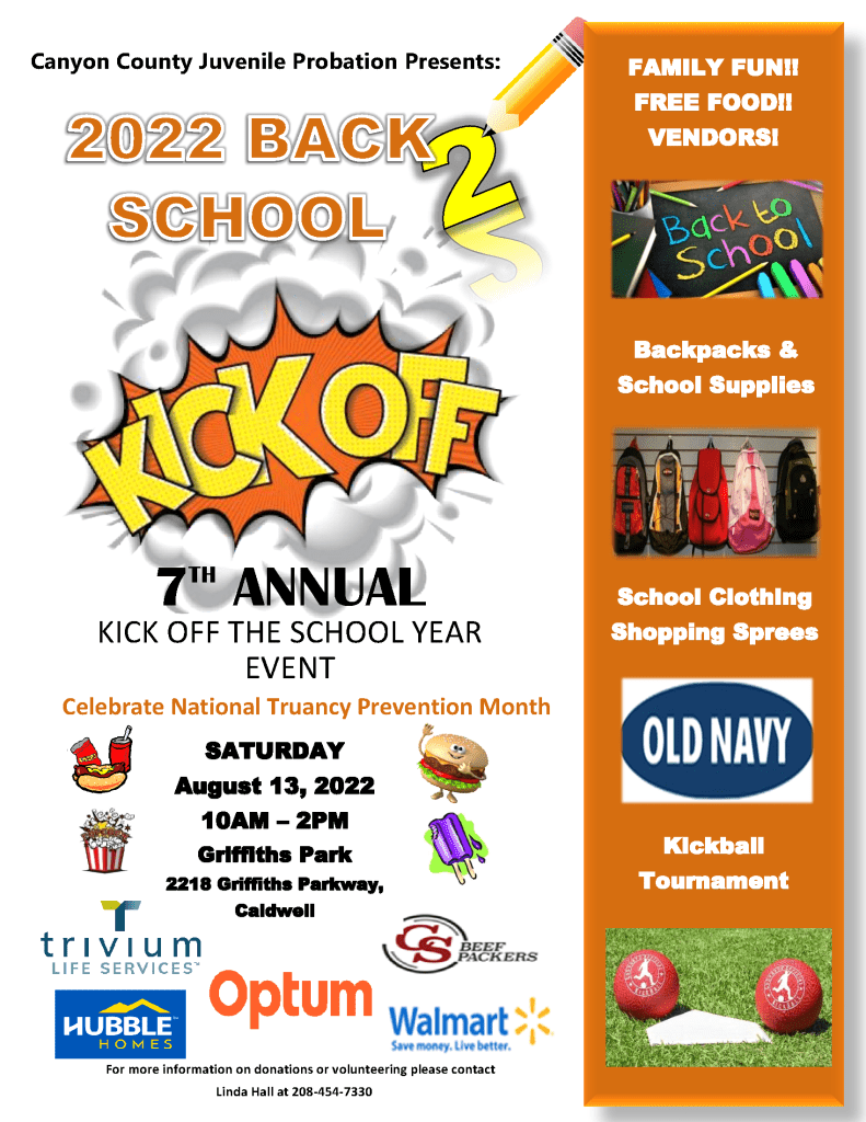 Flyer for Back 2 School Kickoff Event on August 13 at Griffiths Park in Caldwell 