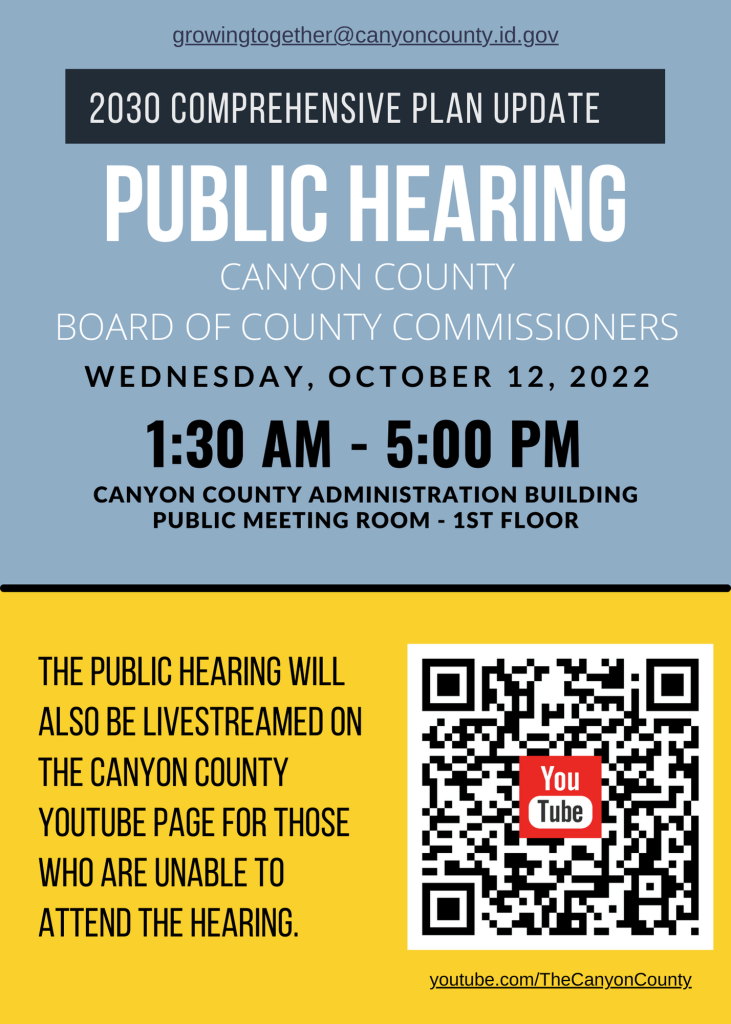 Flyer for the October 12 public hearing on the 2030 comprehensive plan update