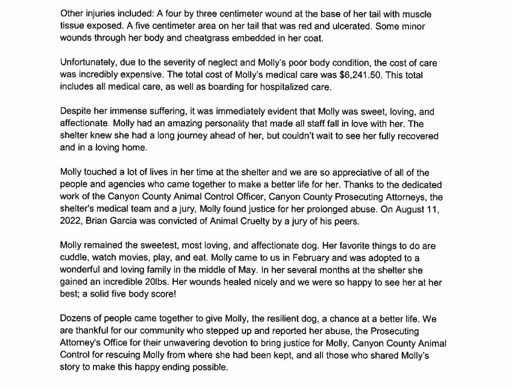 Page two of a press release from West Valley Humane Society on animal abuse case